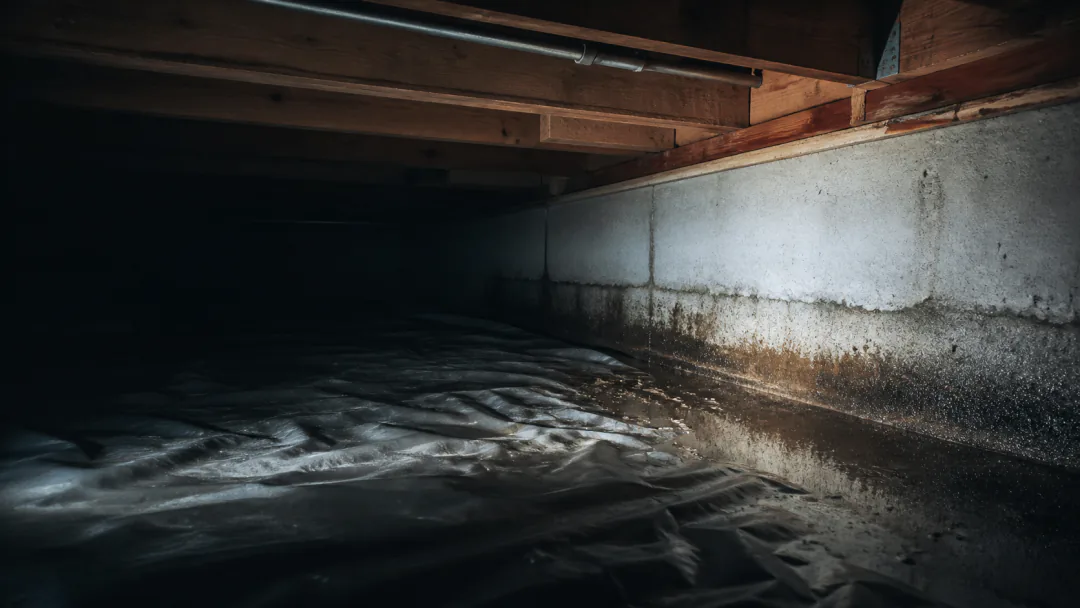 Localized damp line and reflective water patch along a crawlspace foundation wall