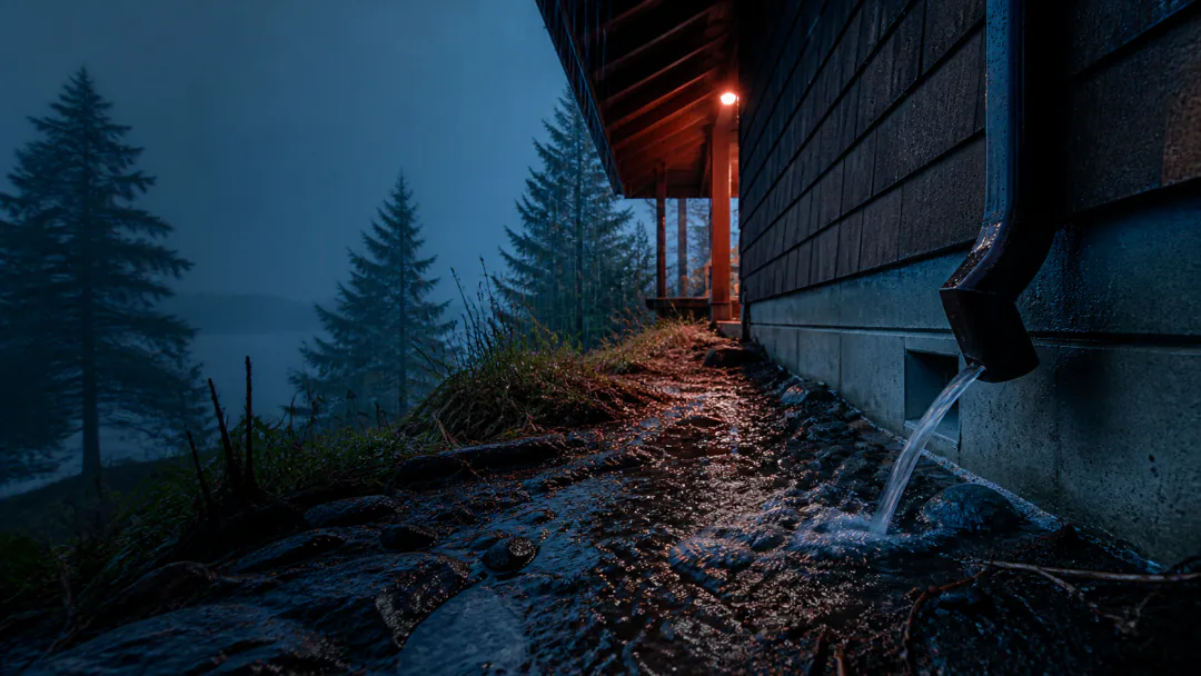 Rainwater moving along the foundation edge of a coastal Comox Valley home